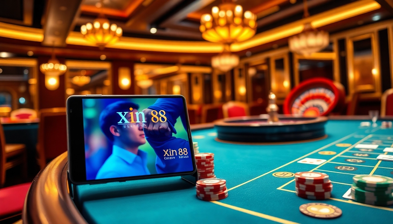 Experience the thrill of gambling with the xin88 tải app showcasing a luxurious casino scene.