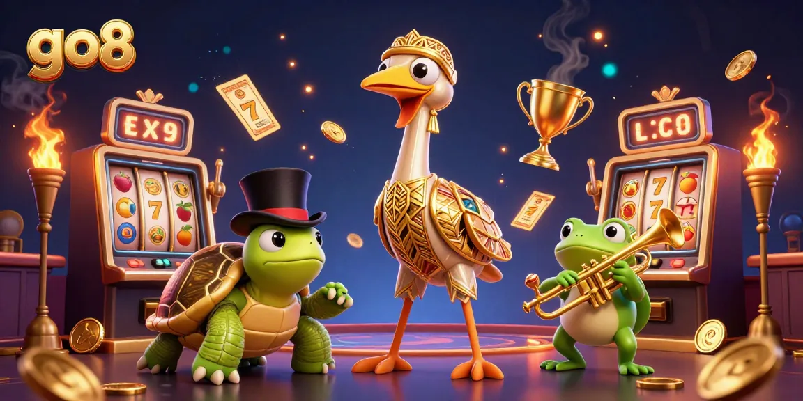 Engage with go8's exciting slot machines and lucky symbols in a vibrant 3D casino scene.