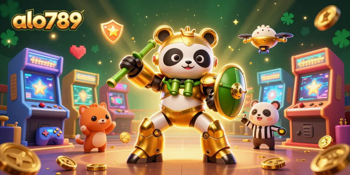 Alo789 gamers battle in an energetic casino arena with vibrant characters and colorful machines.