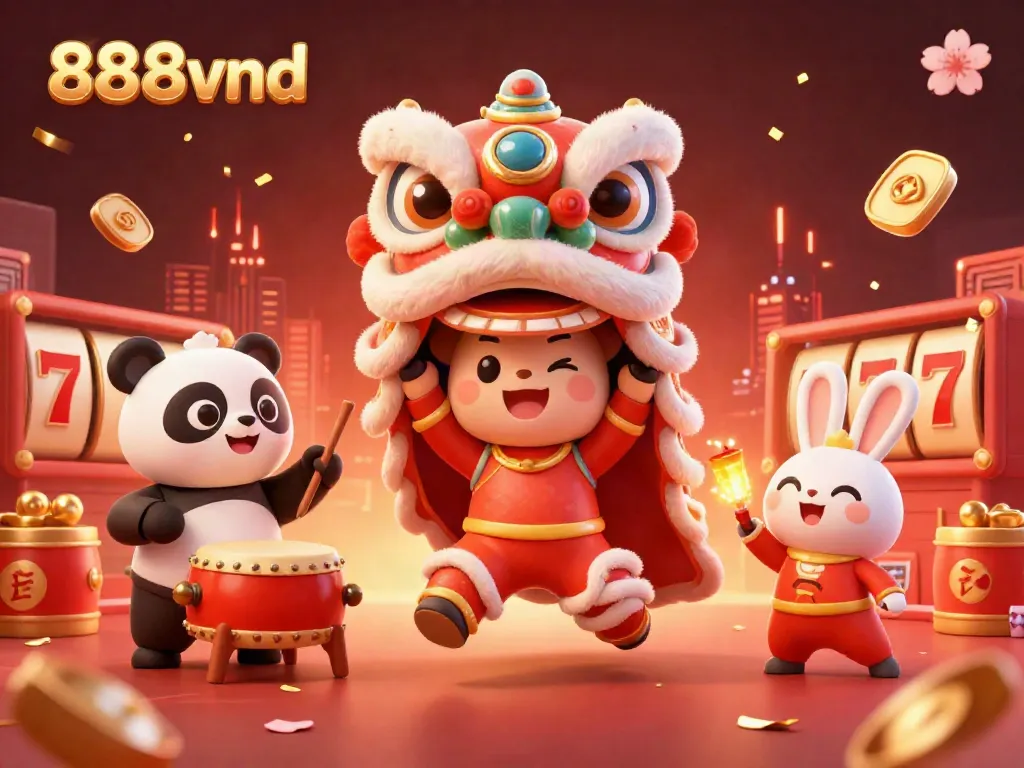 Experience the thrill of 888vnd through a vibrant 3D juxtaposition of a lion dance, gaming elements, and festive decorations.