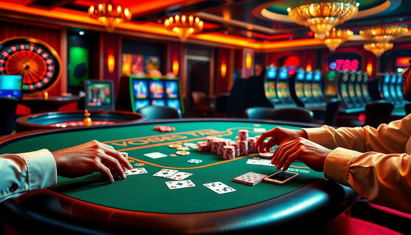 Vt88 nhà cái players enjoying high-stakes poker and roulette in an elegant casino setting.