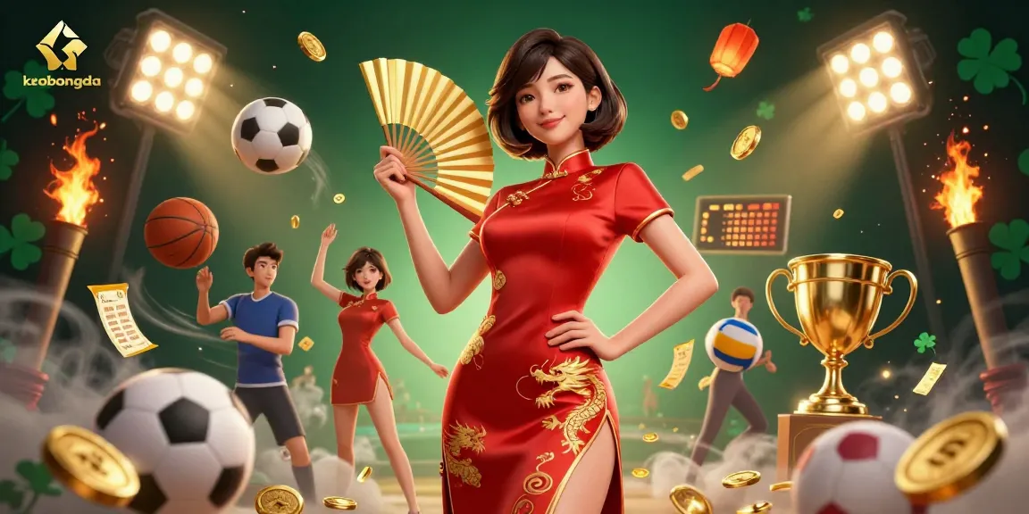Bet on keobongda with animated sports elements and a confident woman showcasing vibrant culture.