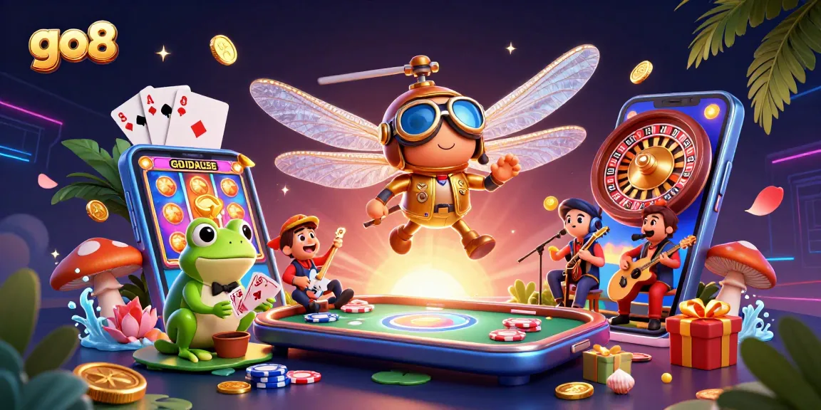 Engage with go8’s casino thrill, featuring a vibrant dragonfly pilot, frog croupier, and music in a dynamic 3D scene.