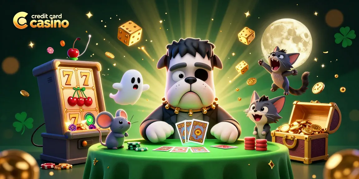 Experience the exciting action at a credit card casino with a quirky dog dealer, ghost mouse, and jackpots!