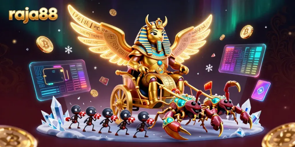 Engage with raja88's gaming world through a vibrant scene featuring a colossal scarab beetle and crypto elements.