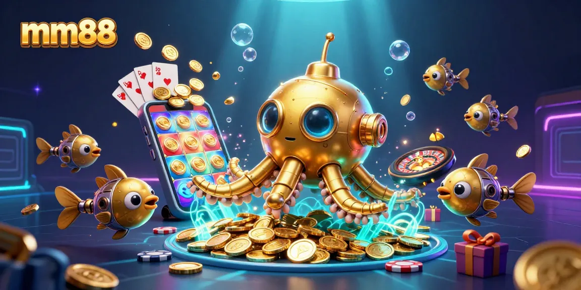 Play exciting games at mm88 with a vibrant underwater scene featuring a kraken submarine and a smartphone showing slot action.