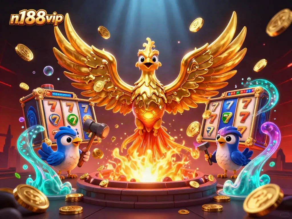 Experience the exhilarating n188vip jackpot scene with a molten golden phoenix and vibrant slot elements.
