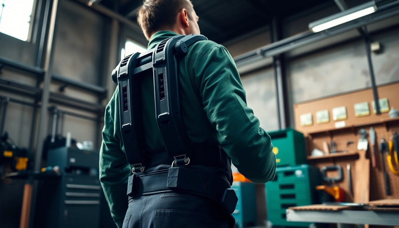 The festool exoskeleton supports a worker lifting heavy materials efficiently in a workshop setting.
