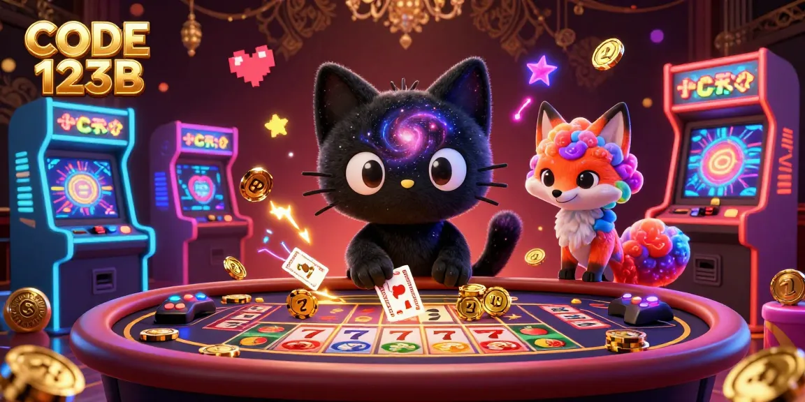 Join the cosmic casino adventure of CODE 123B featuring a black hole cat captivating cards and chips.