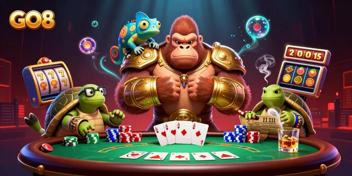 Engage in gaming adventures at GO8 with a captivating battle between powerful characters in an exciting casino scene.