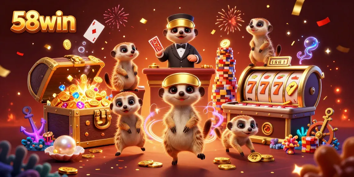 Engage in thrilling gameplay at 58win with lively meerkats managing a vibrant casino scene.