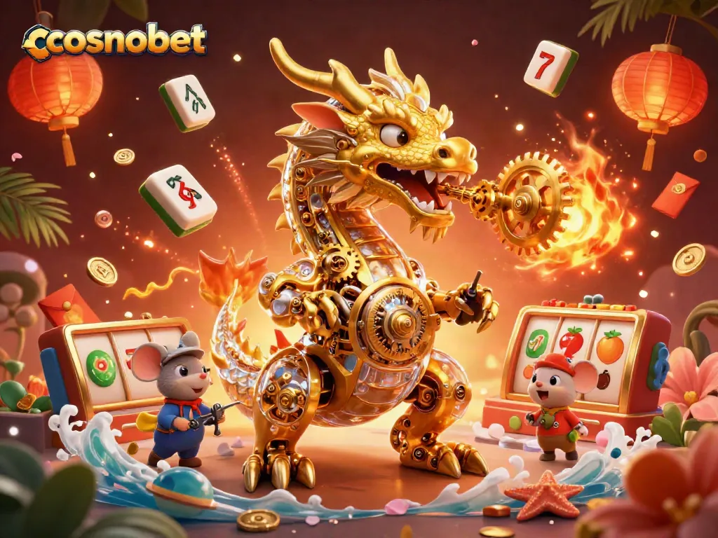 Experience the thrill of cosmobet with vibrant slot reels and a magical golden dragon in this captivating illustration.