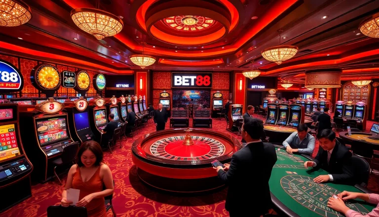 Experience the thrill of winning at BET88 in a luxurious casino, showcasing vibrant slot games and excited players.