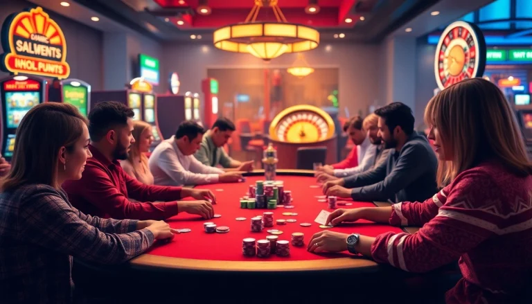 bancaonline88 poker players engaged in an intense game at a lively casino table with colorful chips.