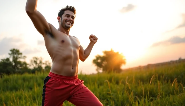 Inspire Weight Loss transformation with an energetic outdoor workout scene at sunset.