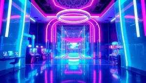 Experience New Technology in a futuristic casino lobby with vibrant neon lights and immersive gaming displays.