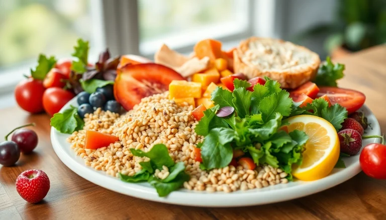 Deliciously arranged healthy food plate featuring fresh fruits and greens.