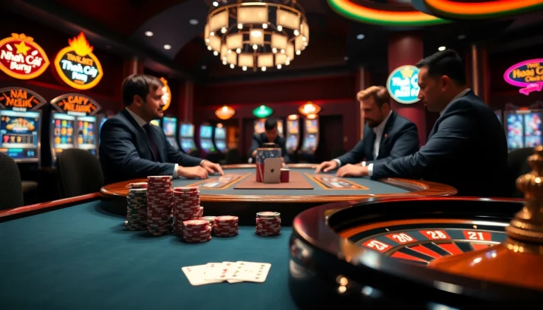 Nhà cái uy tín showcased in an engaging poker scene with vibrant casino elements and colorful chips.