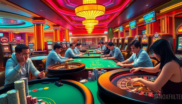 Experience the thrills of a no filter ai casino scene with players, poker chips, and roulette wheels.