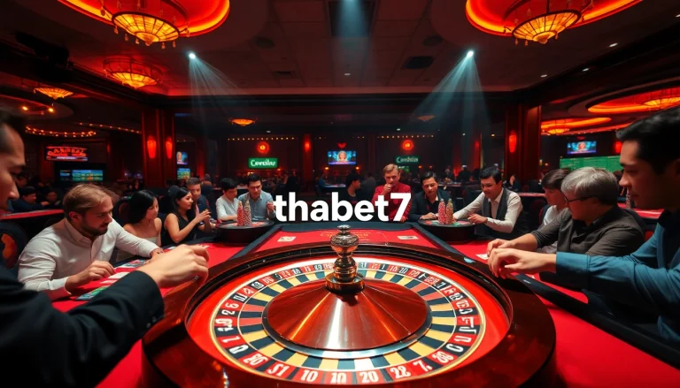 Players interact with engaging casino activities at thabet77, highlighting roulette, poker, and betting excitement.