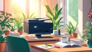 Explore postage stamps online in an inviting home office setup with colorful stamps and a computer.