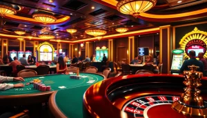 Experience the thrill of gameplay at Unlimit Casino, featuring bustling poker tables and spinning roulette wheels.