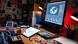 Creative workspace illustrating the design of custom pins with colorful palettes and artistic tools.