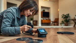 Professional performing slab leak detection in a modern living room.