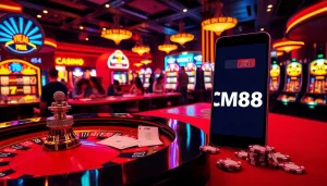 Experience the thrilling CM88 casino night with players at roulette, surrounded by vibrant neon lights.