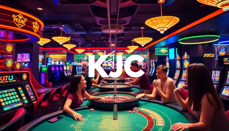 A vibrant casino scene with players engaging in diverse games including poker and roulette, showcasing KJC AC 2 gaming experience.