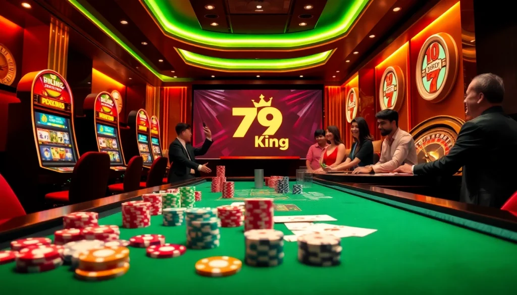 Players enjoying a thrilling game at 79king's luxurious casino table with vibrant chips and cards.
