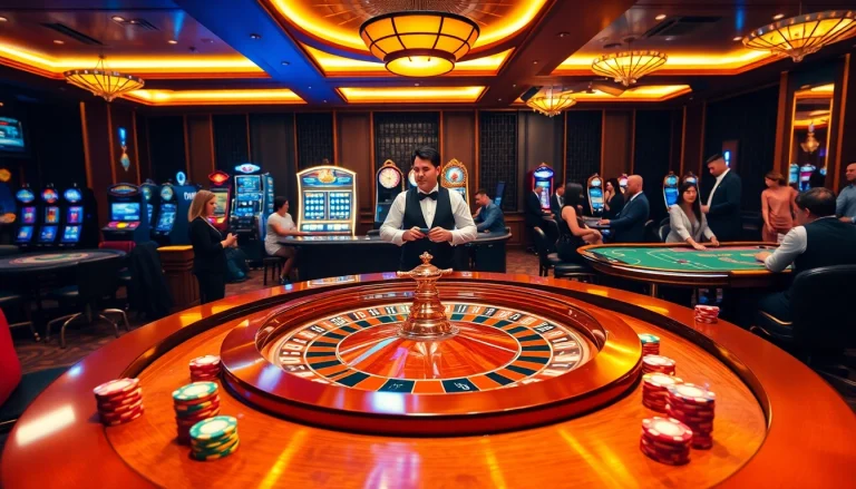 A dazzling casino scene featuring roulette, players, and lively atmosphere linked to https://rr88csn.com/ for an immersive gambling experience.