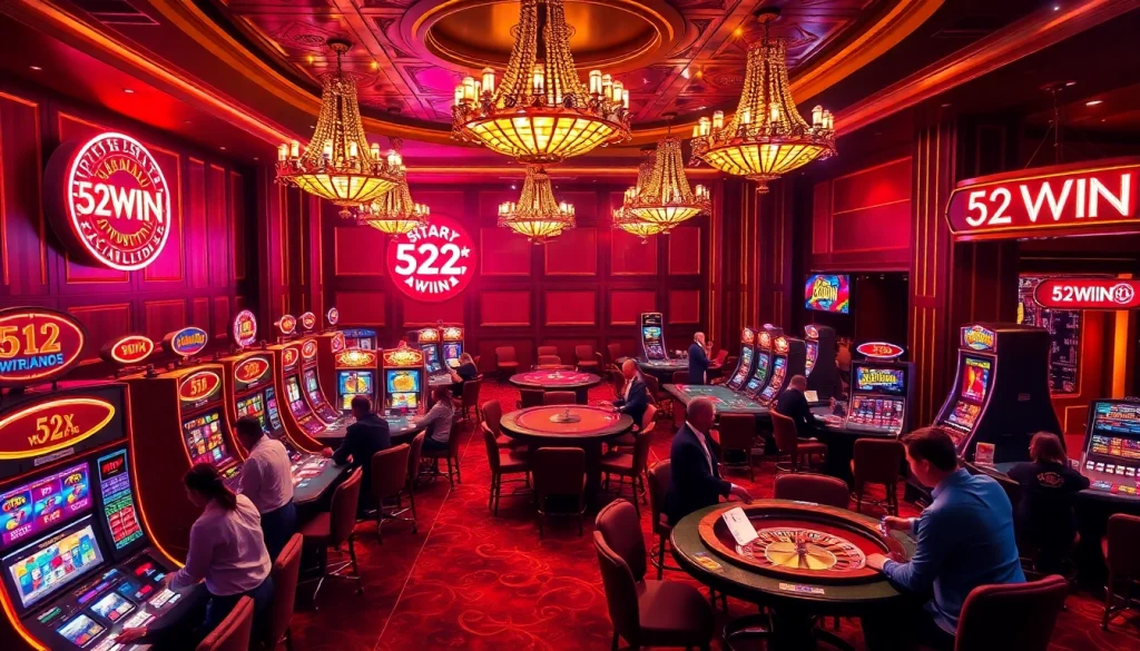 52WIN slot machines and poker tables create an exciting casino atmosphere.