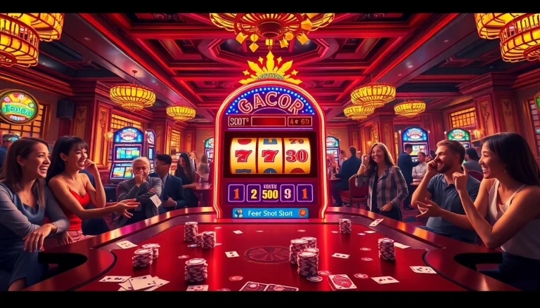 Players engaging with Slot Gacor machine in a vibrant casino, highlighting excitement and winning moments.