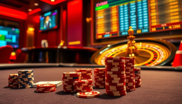 Experience high-stakes gambling at Ev88 with a luxurious poker table and vibrant casino ambiance.