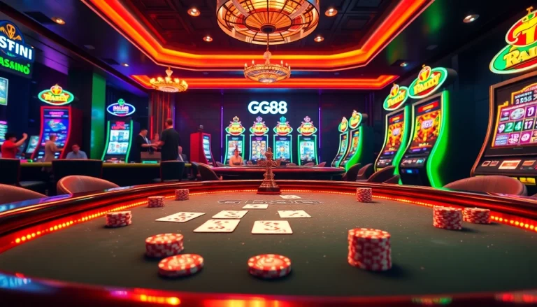 Experience the thrill of GG88 at a luxurious poker table with vibrant roulette and dazzling slot machines.