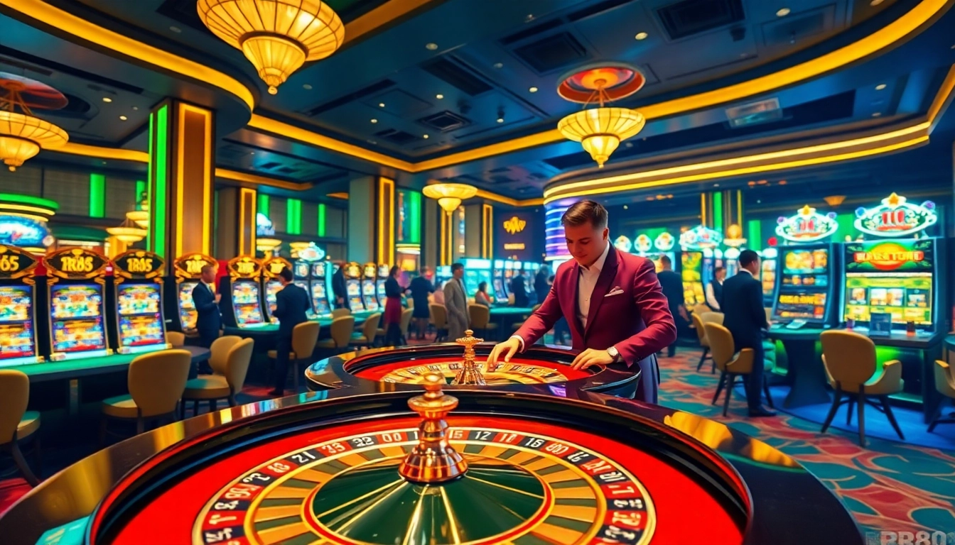 Players enjoying a thrilling game at RR88 Casino with vibrant roulette and slot machines.
