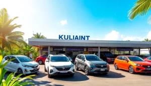 Kuching rent car services showcased with happy customers at a vibrant airport kiosk.