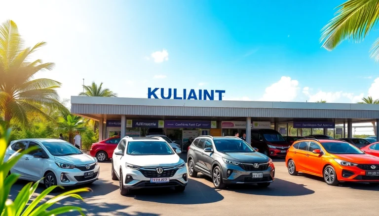 Kuching rent car services showcased with happy customers at a vibrant airport kiosk.