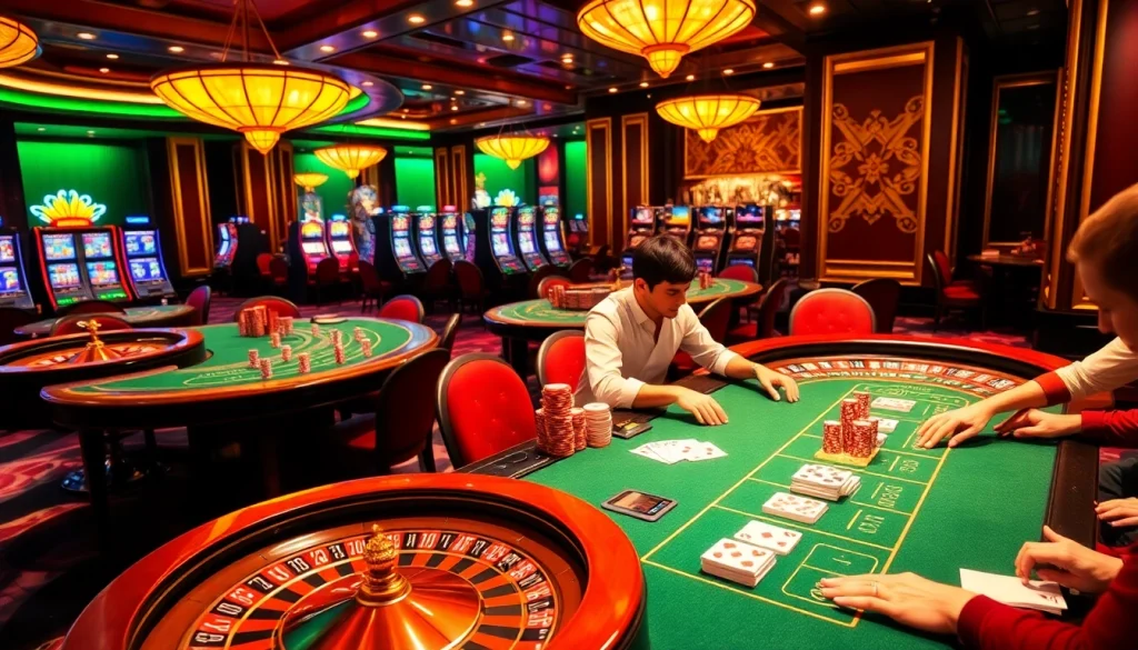 Engage with Hi 88 through an exciting casino scene depicting high-stakes poker and vibrant betting action.