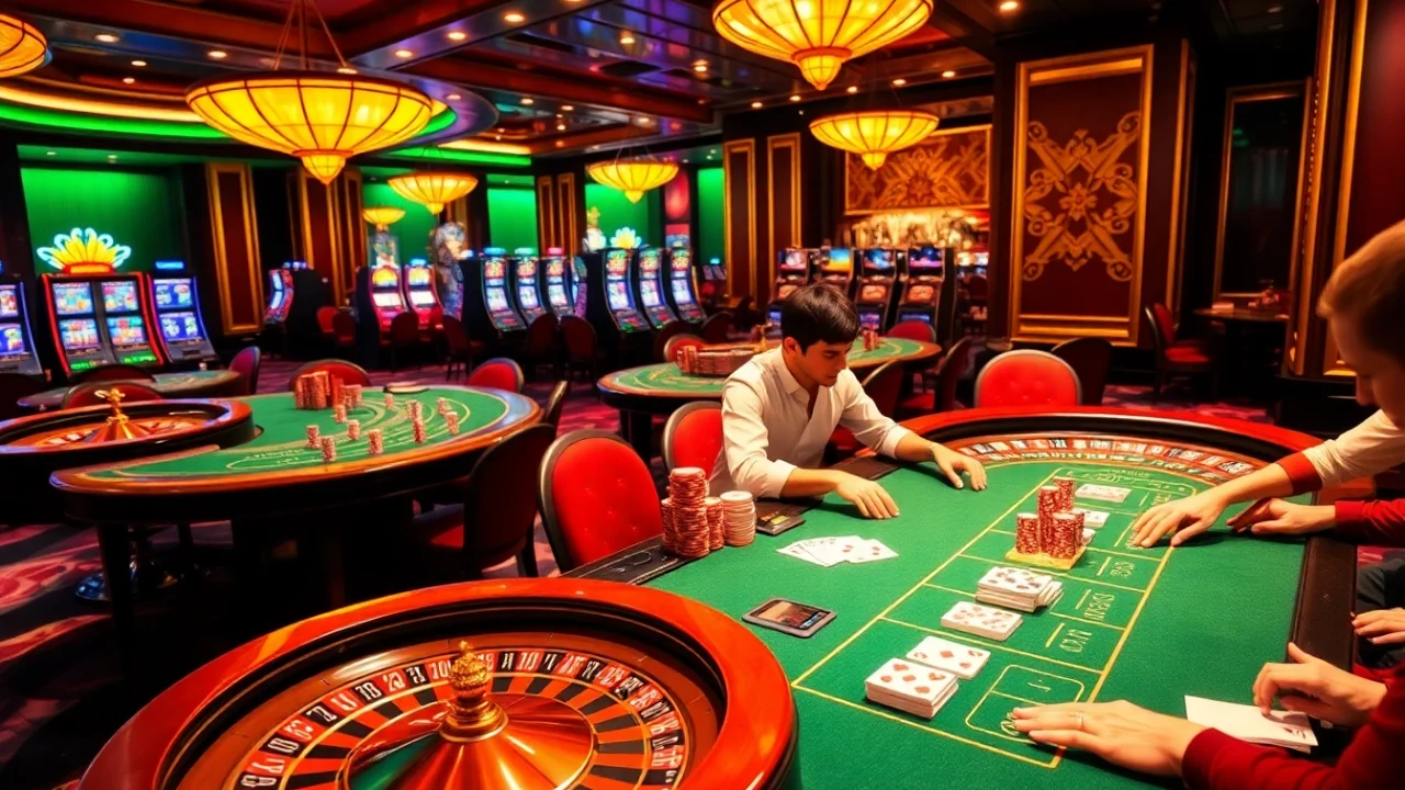 Engage with Hi 88 through an exciting casino scene depicting high-stakes poker and vibrant betting action.