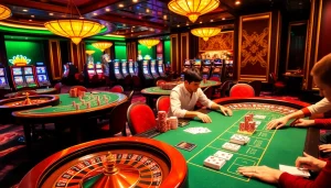 Engage with Hi 88 through an exciting casino scene depicting high-stakes poker and vibrant betting action.