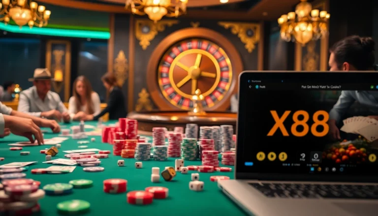 Experience the excitement of gambling with XX88 HOW as players engage at a luxury casino table filled with vibrant chips and cards.