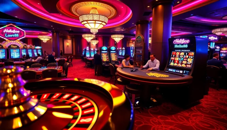 Exciting casino scene showcasing Hello88 with a spinning roulette wheel and players at a blackjack table.