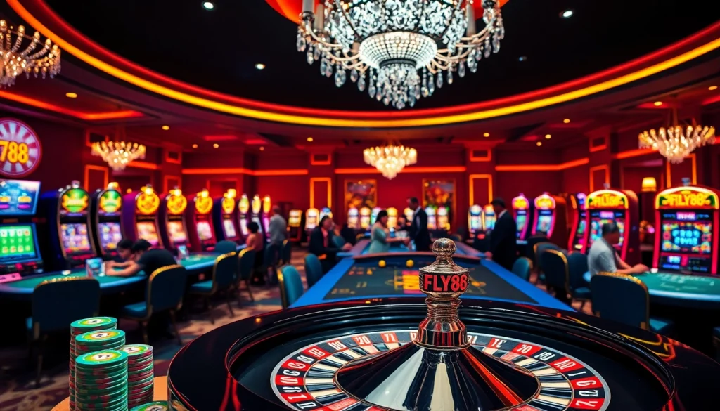 Engaged players at a luxurious FLY88 casino roulette wheel, showcasing excitement.