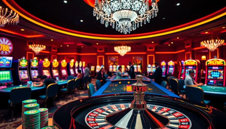 Engaged players at a luxurious FLY88 casino roulette wheel, showcasing excitement.