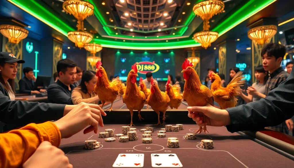 Experience the excitement of Đá Gà Thomo BJ888 in a luxurious casino setting with engaging betting action.