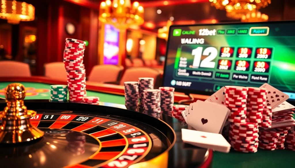 12bet online casino experience with vibrant roulette and poker setup.