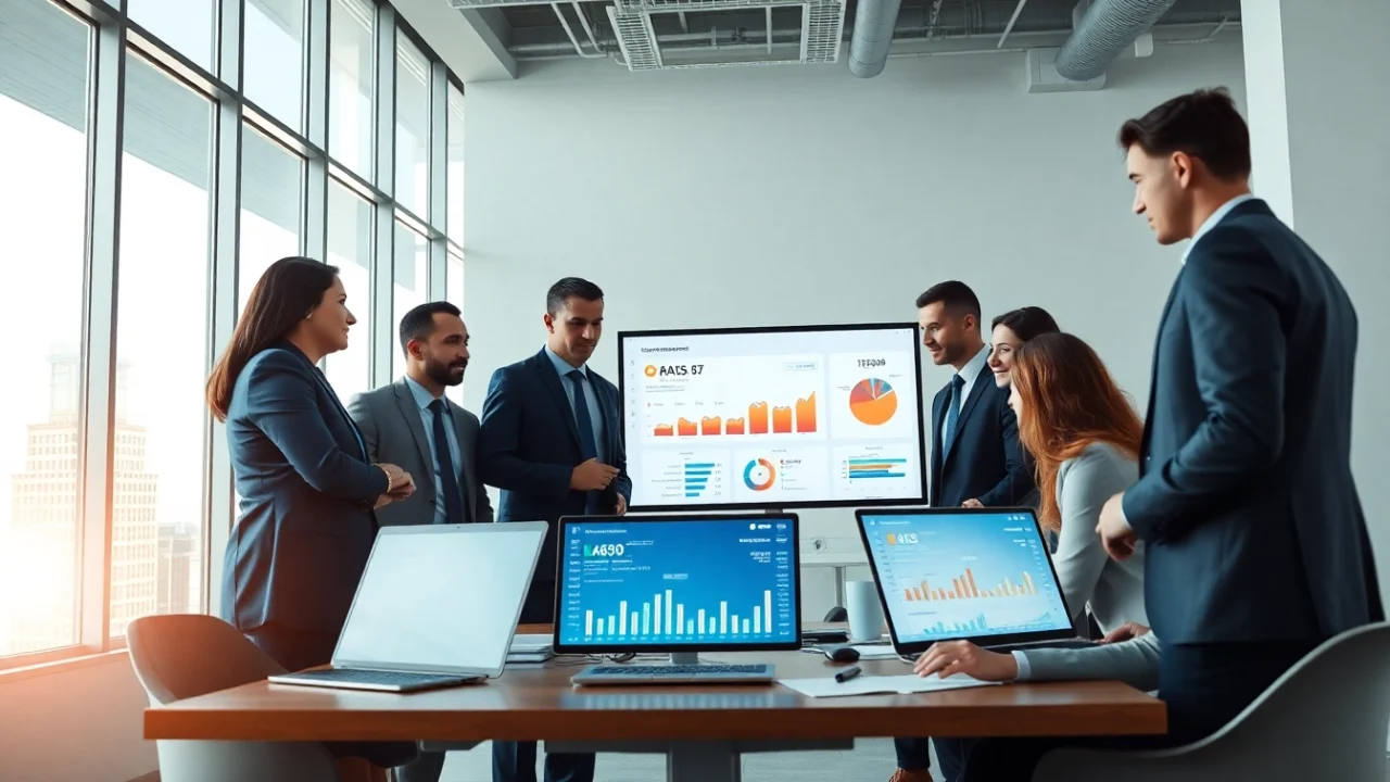 Logo muhasebe programı displayed in a professional office setting with engaged businesspeople.