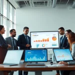 Logo muhasebe programı displayed in a professional office setting with engaged businesspeople.